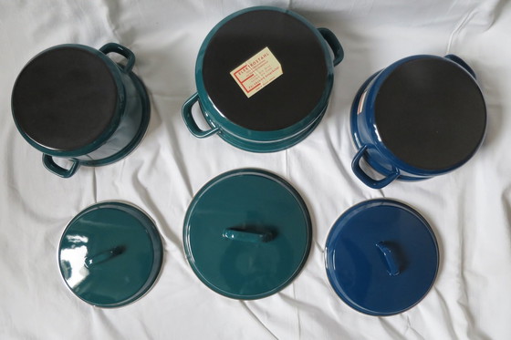 Image 1 of 3 potten geëmailleerd oud origineel retro vintage met deksel elektrisch staal