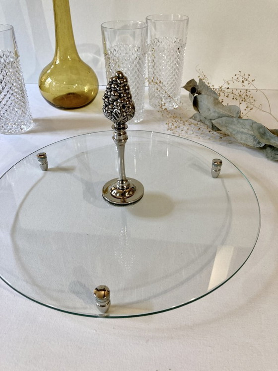 Image 1 of Tagliere/paletta per formaggi in vetro e metallo argentato