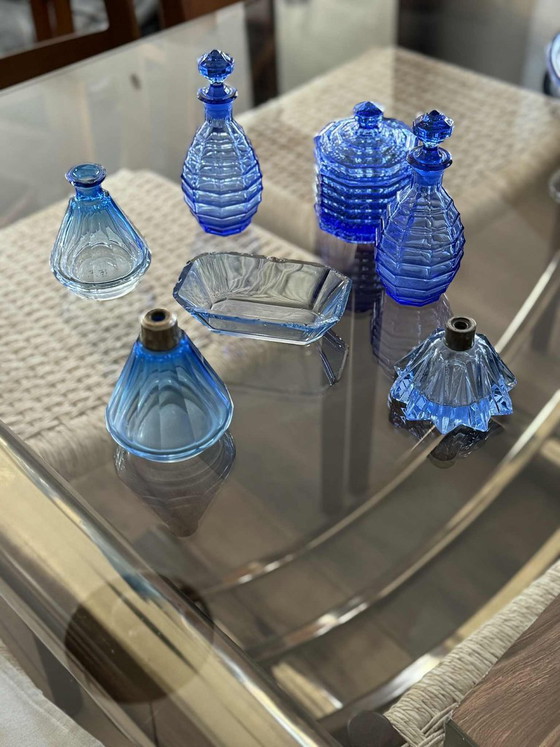 Pressed Glass Perfume Bottles and Powder Jar, 1940s, Set of 7, Dressing tables, Blue, Art Deco (photo 4 of 5)