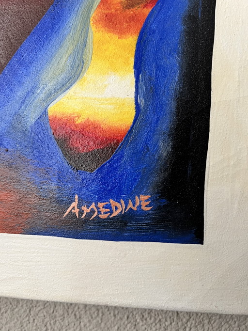Original Signed African Fabric Painting by Amédine (Gorée Island, Senegal)