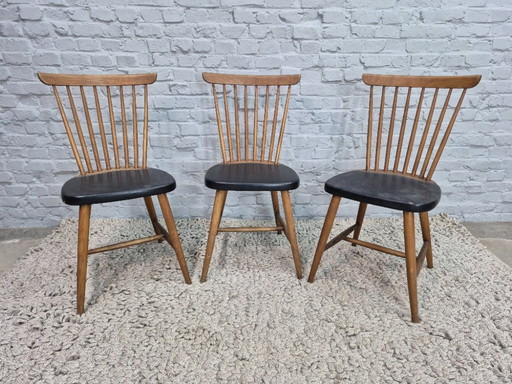 Vintage Design Set of Three Spindle-Back Kitchen Chairs – Teak Wood with Black Leatherette Upholstery, Scandinavia, 1960s