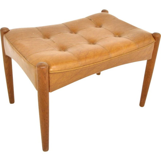 Repose-pieds vintage en cuir et teck, Suède 1960