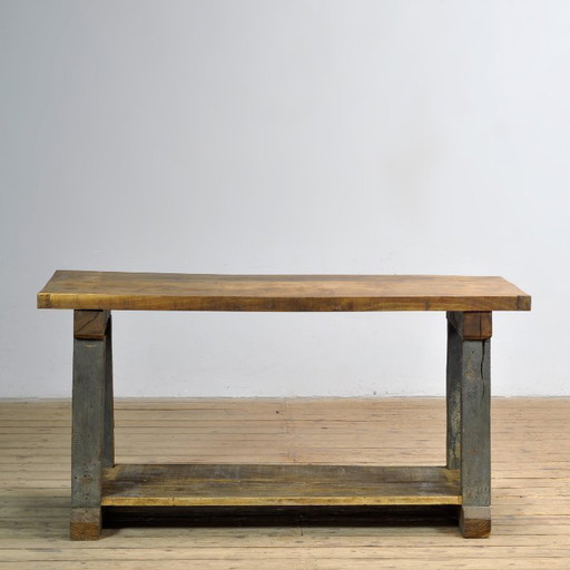 Industriële eikenhouten werktafel, circa 1950