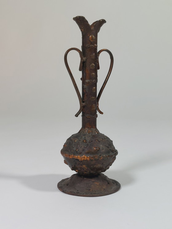 Image 1 of Brutalist vintage mid-century copper handled vase, vase melts