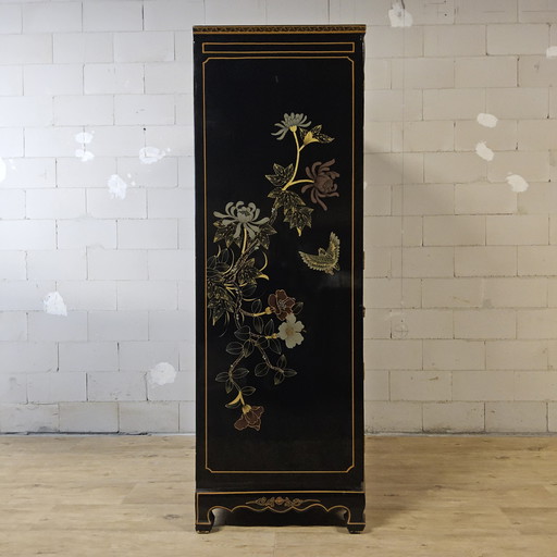 Vintage Chinese black lacquer cabinet birds and flowers bohemian closet (oriental cabinet)