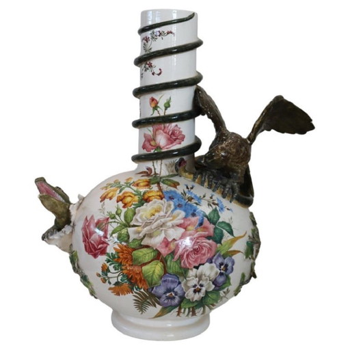 Majestic Ceramic Vase with Eagle and Crocodile, Italy Early 20th Century
