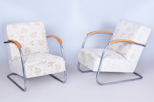 Paire de fauteuils Bauhaus originaux, par Mücke-Melder, hêtre, chrome, tchèque, années 1930 – Textile, Wood