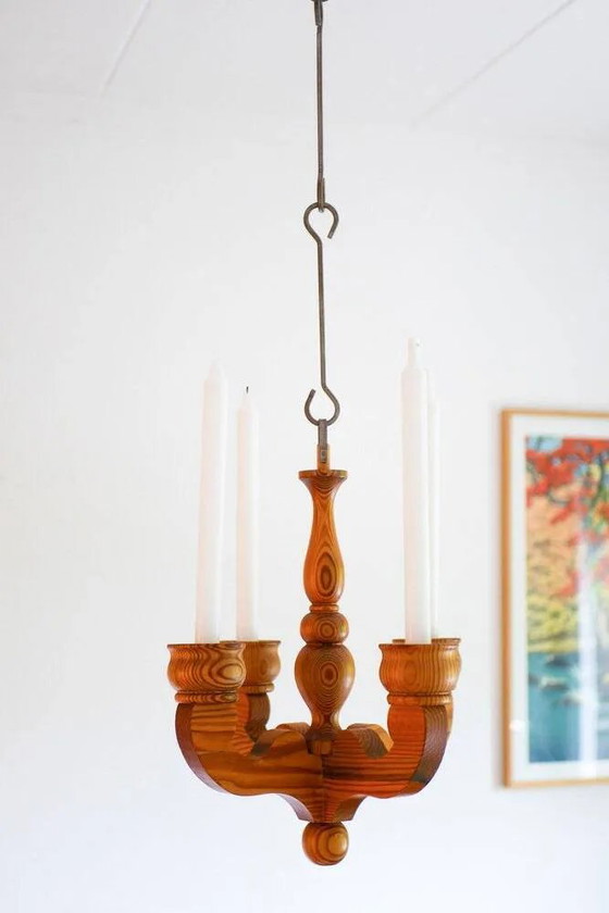 Image 1 of Bougeoir lustre suspendu rustique en bois de Smålandsslöjd, Suède, 1975