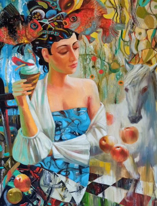 Originales Ölgemälde, abstrakte figurative Darstellung einer Frau in ihren Metamorphosen – schilderijen tekeningen, Canvas