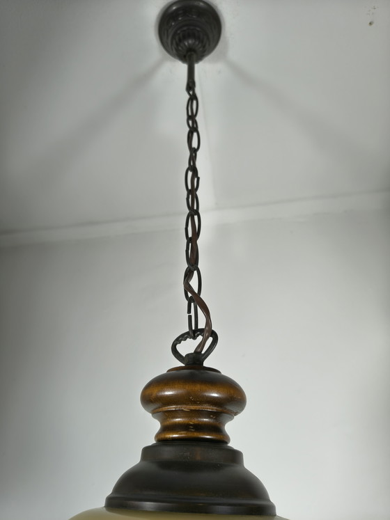 Image 1 of Vintage opaline hanglamp – gele glazen kap – jaren 30 stijl
