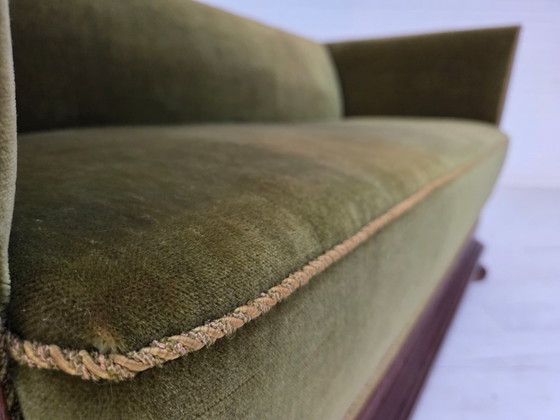 Image 1 of 1950s, Danish 2-seater sofa, original green furniture velour, oak wood.