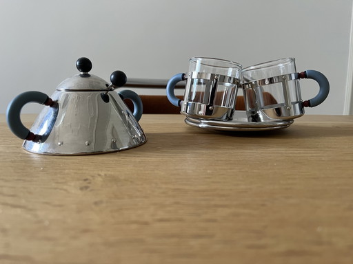 Alessi 2 espresso cups + saucer + sugar bowl and spoon