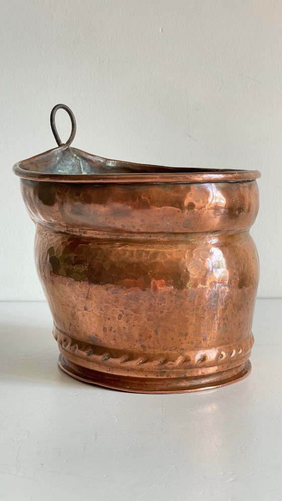 Image 1 of Hangende koperen en stalen plantenpot