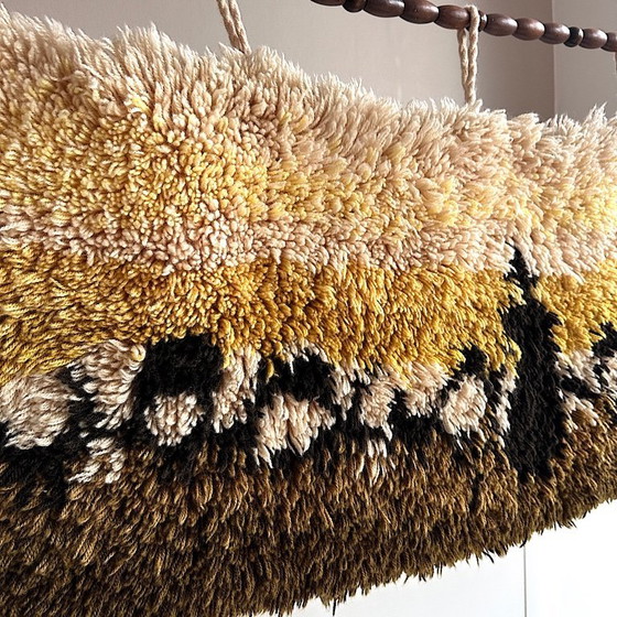 Image 1 of Vintage Wandteppich . Leibfried Rya Color . 70er . Mid Century . Handgearbeitet . Wolle . Hirte . Schafe . Befestigungsstab Holz