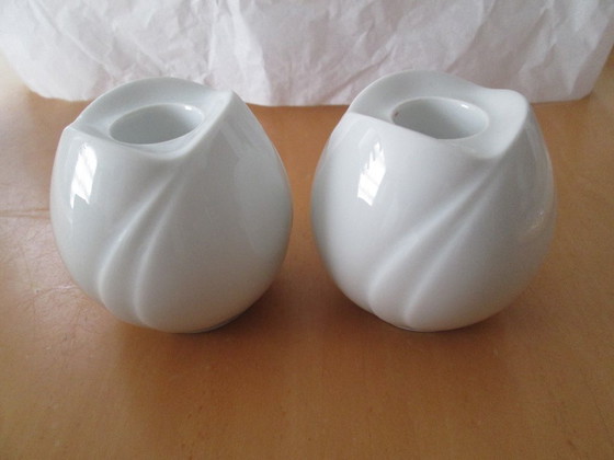 Image 1 of Set di 2 portacandele vintage ARZBERG a forma di tulipano, nella scatola originale con candele incluse.