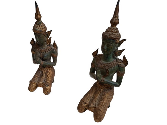 Image 1 of Pair of Bronze Thepphanom Statues – Thai Guardian Angels – Vintage