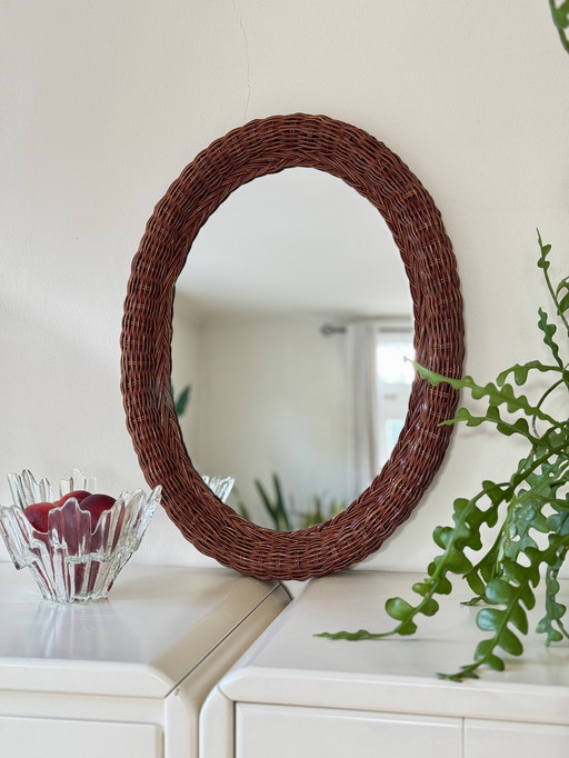 Vintage rattan wall mirror oval - boho retro 70s style