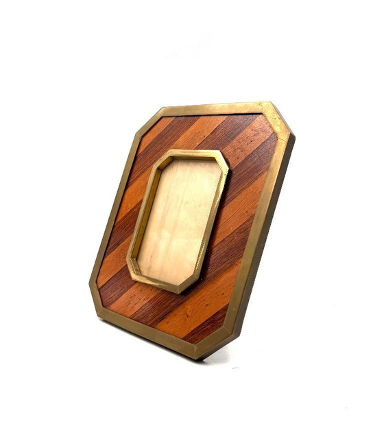 Image 1 of Marco de fotos moderno de mediados de siglo en latón y madera – Al estilo de Gabriella Crespi, Italia, década de 1970