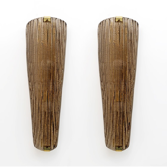 Image 1 of Coppia di applique moderne in vetro di Murano ambrato e ottone