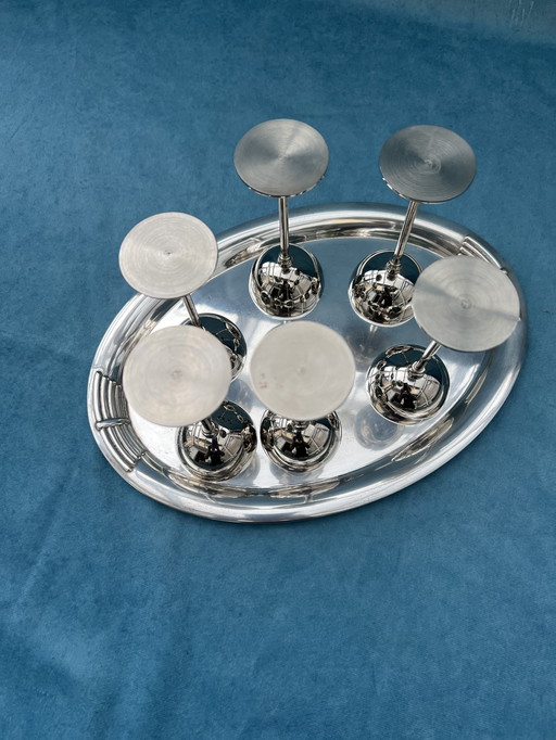 Elegant Art Deco liqueur set with tray - Silver-plated alpacca - Circa 1930/40
