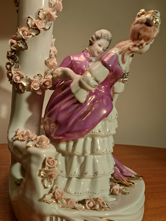 Image 1 of BEAUTY. Elegant Vintage Porcelain Lamp • Luxor Romania • Rococo • Rare Porcelain Shade