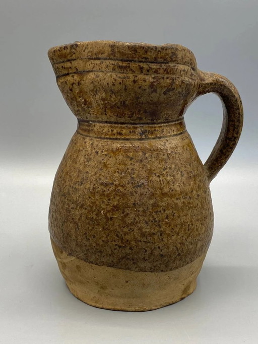 Antique glazed terracotta pitcher, speckled ocher brown, French country pottery, late 19th century – servies