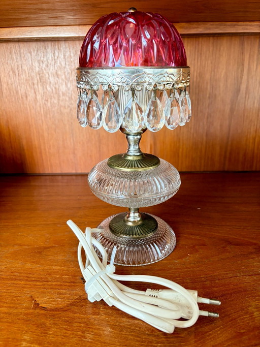 Vintage Michelotti Boudoirlampe – Rosa Cranberry Glas & Kristall – 1960er Jahre
