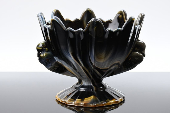STS Abel / Hrastnik, Agate glass bowl with doves, Yugoslavia, 1930s design, Black (photo 9 of 9)