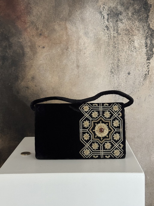 Geborduurde fluwelen tas met steentjes en gouden draden, clutch, vintage