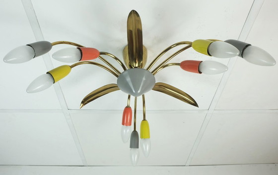 Image 1 of schöne 1950er Mitte Jahrhundert Sputnik Spinne 9-Licht Deckenleuchte Kronleuchter Messing Metall Mitte Jahrhundert stilnovo