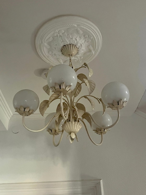 Rarity! Original Art Nouveau Pendant Lamp, Opal Glass with Leaf Motif, 1920 – Brass (photo 2 of 7)