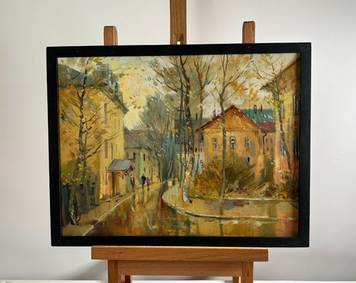 Pintura al óleo original Paisaje urbano otoñal Reflejos del otoño