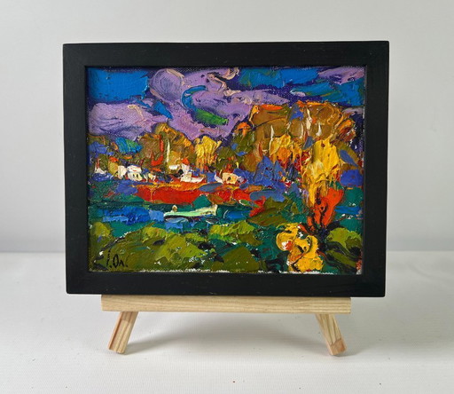 Original Oil Painting Colorful Autumn Landscape Under yellow leaves