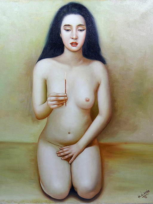 Large Nude Vintage Oil On Canvas Painting By Miro