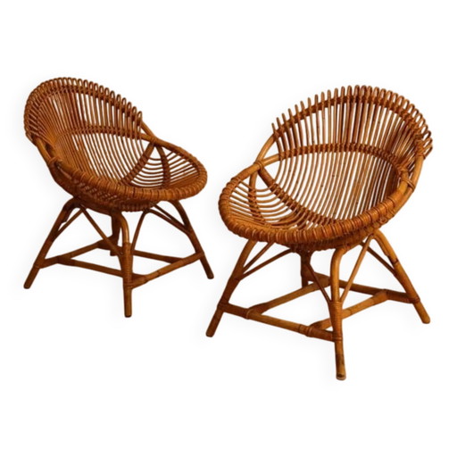 Paire de fauteuils en bambou et osier des années 1960.