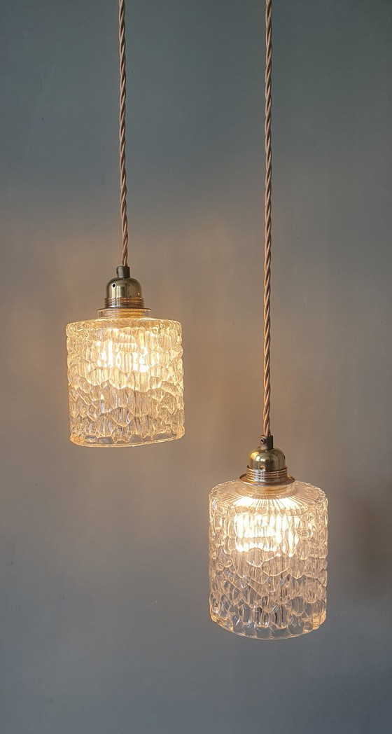 Image 1 of Set van 2 Vintage hanglampen - crackle glass - textuur - midcentury design