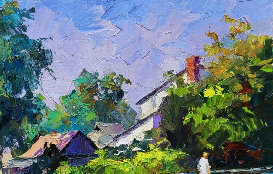 Image 1 of Origineel olieverfschilderij: Landelijk landschap, zomerdorp, over de brug in het bos.