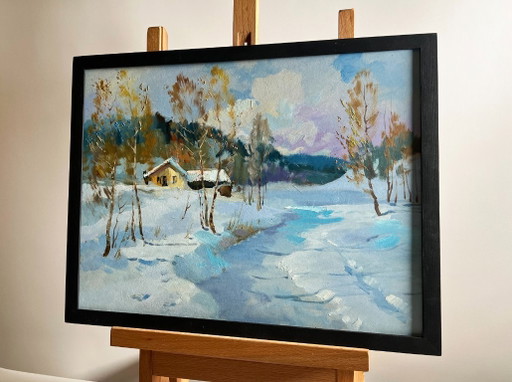 Original Oil Painting Winter Forest Landscape Winter breeze in the forest