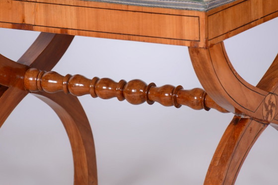 Restored Biedermeier Armchair with Stool, Beech, Oak, Cherry, Austria, 1830s – Textile, Wood (photo 5 of 20)