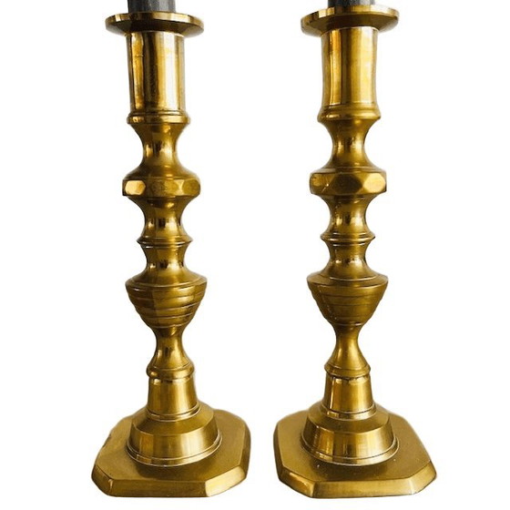 Image 1 of Set of antique English brass pusher candlesticks from the 1890s