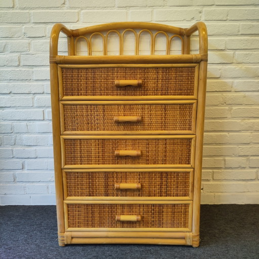 Bamboe rotan grenen 5 laden kastje 