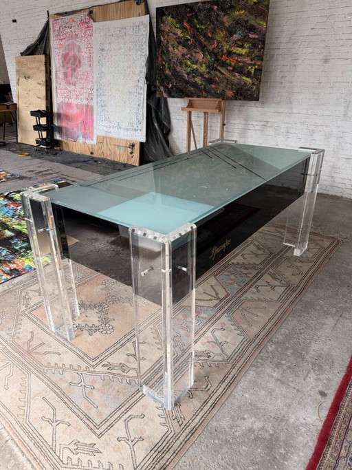 Plexiglas-Schreibtisch mit Glasplatte und Beleuchtung – Design der 90er Jahre