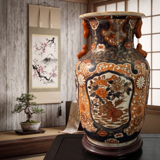 Large Japanese Imari display vase – 38 cm (40 cm with stand) – gilded work, phoenix & peonies