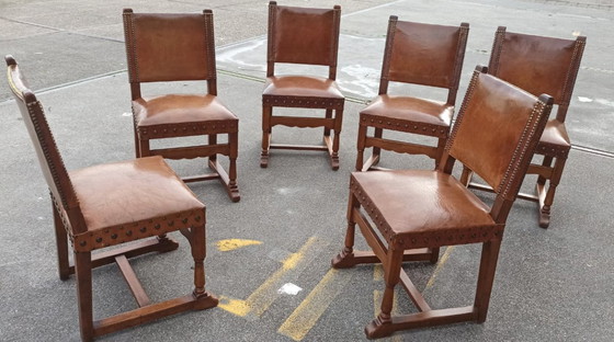 Image 1 of 6 x vintage  Spanish solid wood and leather dining chairs