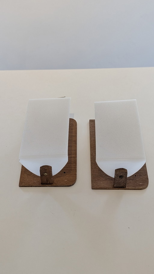 Pair of teak and plexiglass bedside wall lamps - Sweden 1970's