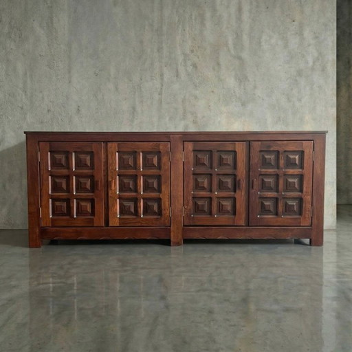 French Solid Oak Brutalist Four-Door Sideboard, 1960s