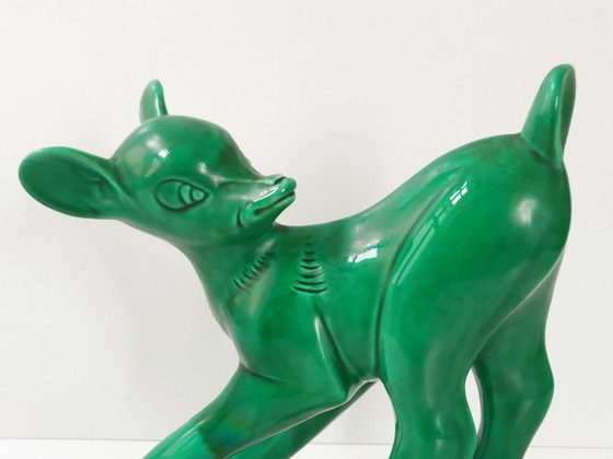 Image 1 of IMPORTANT FAON BAMBI 1960 GEANT VINTAGE CERAMIQUE VERTE HAUTEUR 30CM 60S 1960S