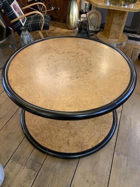 Table basse ronde tournante Art Déco en loupe d'érable et ébène attribuée à De Coene Freres, 1925 (photo 10 of 18)