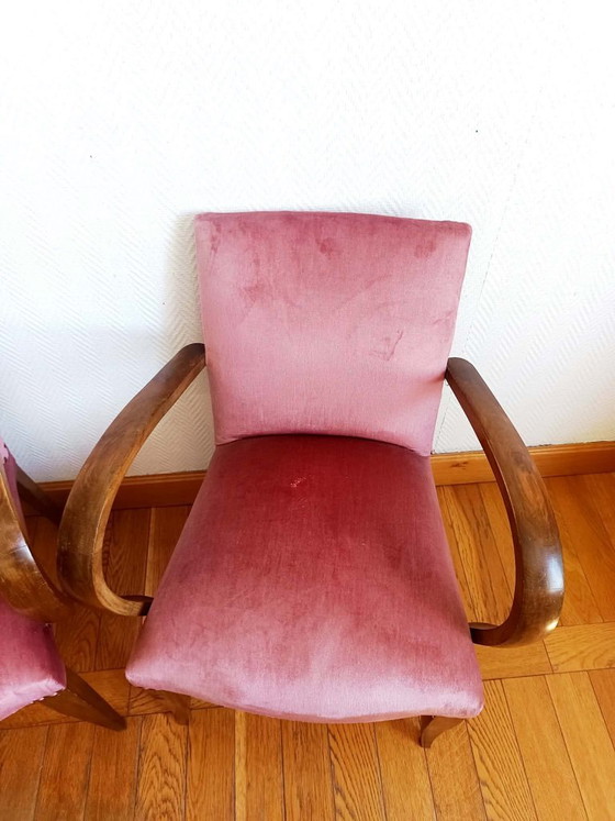 Image 1 of 2x Art Deco roze fluwelen fauteuils met snormotief