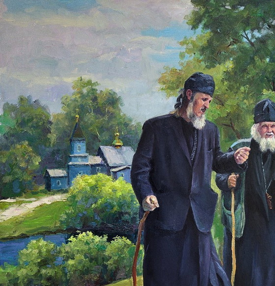 Original Oil Painting Monks Landscape From Sunday Service – Paintings & Drawings, Canvas (photo 4 of 7)